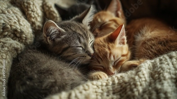Obraz   A couple of kittens laying together on a blanket on top of a bed