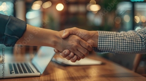 Fototapeta Businessman shaking hands during a meeting in the office for introduction agreement or deal Man employee greeting and welcoming during a handshake for recruitment in the workplace to foster