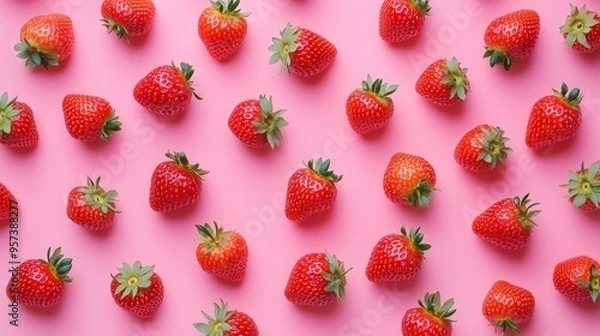 Fototapeta Fresh strawberries arranged neatly on a pink background for a vibrant and appetizing display during the summer season