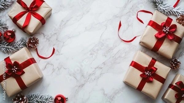 Fototapeta Christmas and New Year holiday background Xmas greeting card Christmas gifts on white marble background top view Flat lay