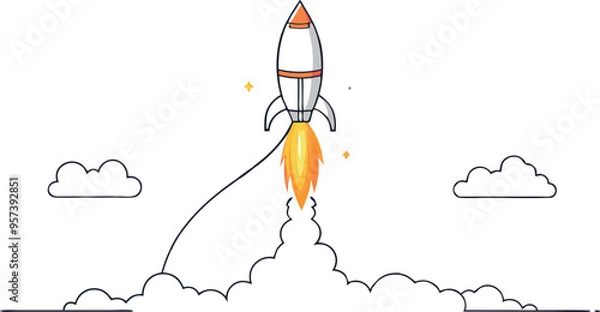 Fototapeta continuous single line drawing of Missile rocket launch with fire and smoke trail , line art vector illustration