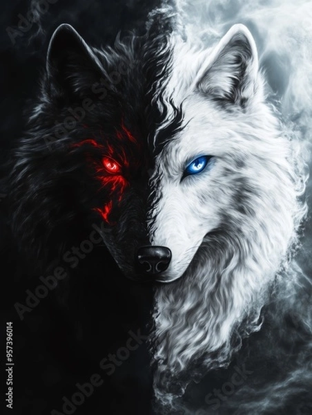 Obraz Eternal Balance: Black and White Wolves Under the Ying Yang Moon