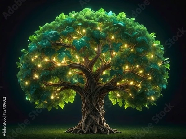 Obraz Tree with thick branches and leaves forming a 3D brain shape, glowing nodes representing active thoughts, on dark green background.