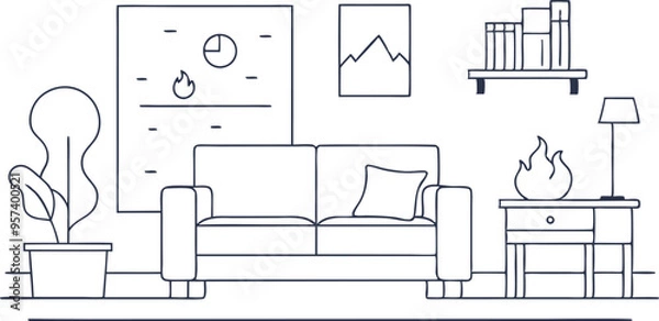 Obraz continuous single line drawing of corner sofa near fireplace. Scandinavian home interior design of modern living room, line art vector illustration
