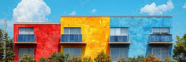 Fototapeta Colorful apartment building with solar panels on the balconies.