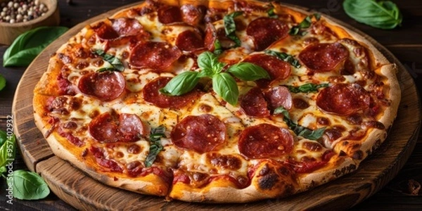 Fototapeta Freshly baked pepperoni pizza with basil on a wooden board, ready to be enjoyed