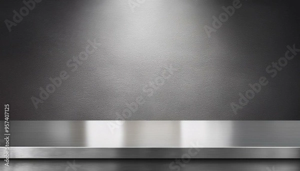 Fototapeta Silver steel countertop, empty shelf. realistic mockup of table top, kitchen counter on gray background with spot light. Bar desk surface in foreground