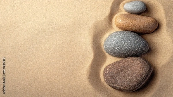 Fototapeta Photo of stones and sand background. Concept of calm, focus, harmony, and spa relaxation, with copy space. 