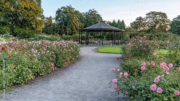 Fototapeta   Path through flower garden leads to gazebo on one side and pink flowers on the other