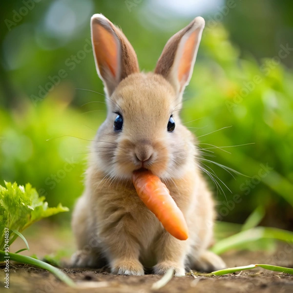 Obraz cute baby rabbit nibbling on a carrot