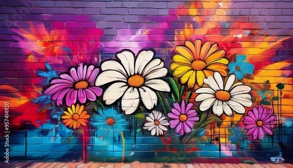 Obraz flower graffiti on brick wall 30