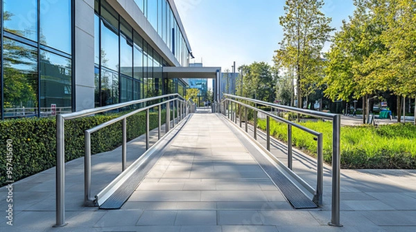 Fototapeta Entrance of a modern office building featuring an accessibility ramp with stainless steel railings, surrounded by greenery on a sunny day.
