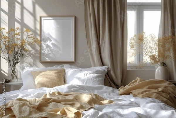 Fototapeta Bedroom Frame mockup, home interior frame mockup for wall art, poster mockup, print mockup