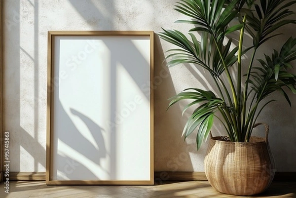 Fototapeta Frame mockup with plants, home interior frame mockup for wall art, poster mockup, print mockup