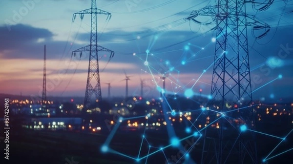 Obraz Illuminated Power Grid and Transmission Towers in Urban Cityscape at Dusk