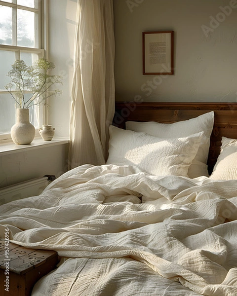 Fototapeta A messy unmade bed with white sheets and pillows. Suitable for interior design concepts.