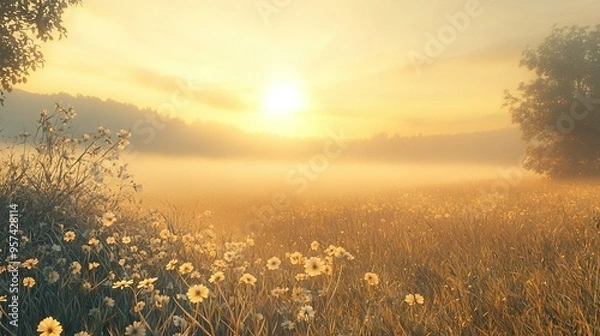 Fototapeta   The sun sets over a foggy field with wildflowers in the foreground and trees in the background
