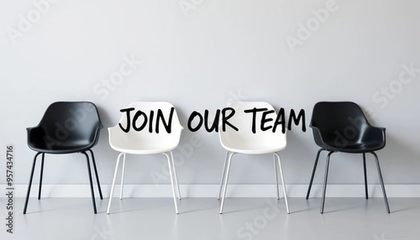 Fototapeta Modern office chairs with 'JOIN OUR TEAM' text overlay, promoting a hiring opportunity.