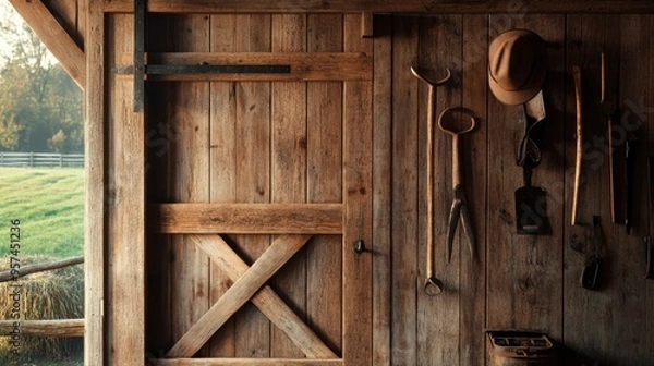 Obraz A close-up of a classic barn door with barnyard tools hanging on the wall and a hint of the farm's green fields visible outside.