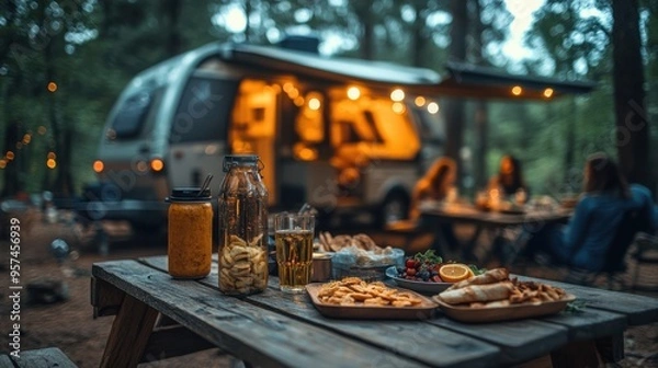 Fototapeta Cozy evening camping scene featuring a table filled with snacks and drinks, with a softly lit caravan in the background amidst a forest setting.