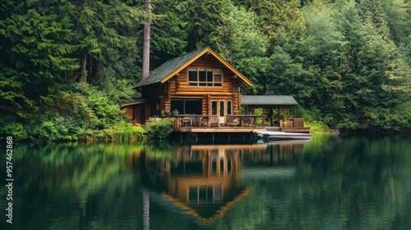 Obraz A serene lakeside cabin with wooden exterior and a dock, surrounded by lush greenery and reflecting in the calm water.