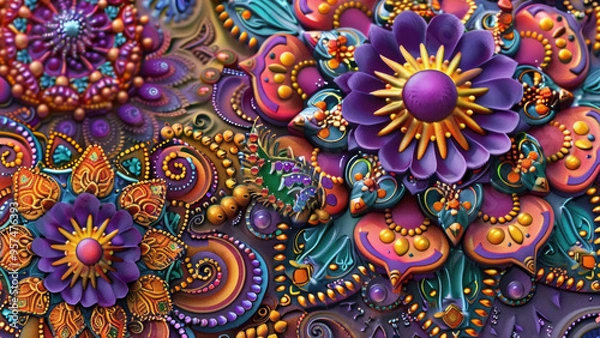 Fototapeta Intricate abstract floral pattern with vibrant colors and 3D ornamental details
