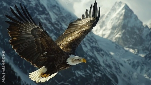 Fototapeta   A bald eagle soaring in front of majestic snow-capped mountains against a cloudy backdrop