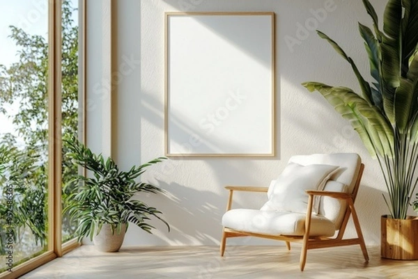 Fototapeta Poster Frame in Beige minimalist living room interior created with generative AI