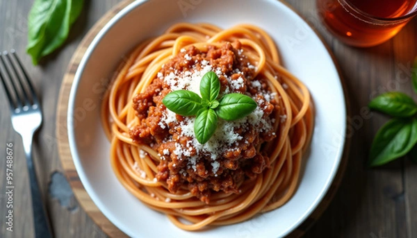 Fototapeta Top-down view of a plate of spaghetti bolognese, topped with fresh basil and Parmesan cheese