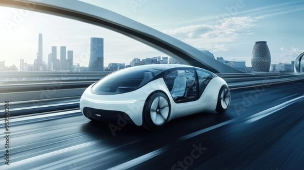 Fototapeta A sleek, self-driving car cruising through a futuristic urban landscape, symbolizing innovation and the future of transportation