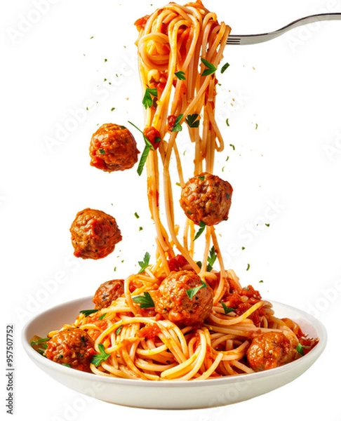 Obraz Delicious spaghetti with meatballs served in a white bowl isolated on transparent background
