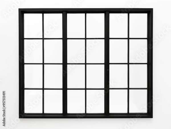 Fototapeta A black window with white frames set against a clean white wall, creating a striking contrast in the design.
