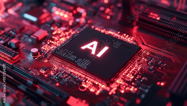 Fototapeta Futuristic Artificial Intelligence Chipset Integrated on Circuit Board with Glowing Red and Blue Lights
