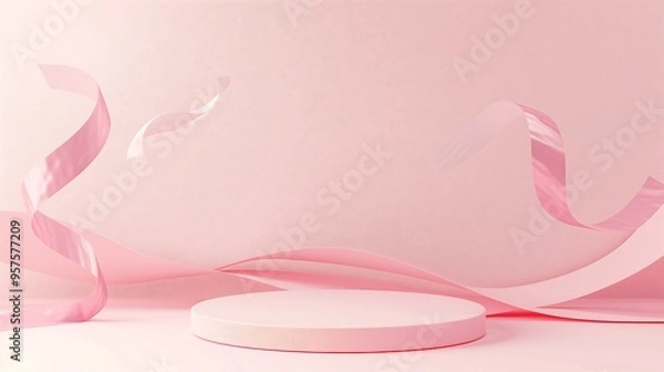 Fototapeta pink color background with small podium, ribbon, 핑크 배경, 단상, 리본 01