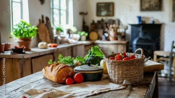 Fototapeta Rustic Kitchen Table with Bread  Tomatoes  and Pot