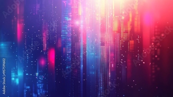 Fototapeta Abstract technology background with blurred cityscape and geometric shapes in red and blue hues.