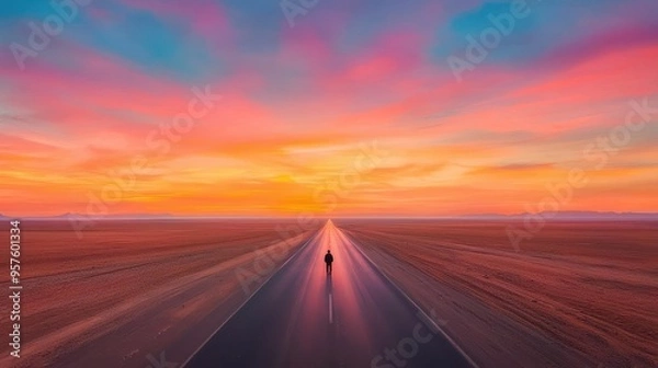 Fototapeta Lonely Figure on Empty Road at Sunset