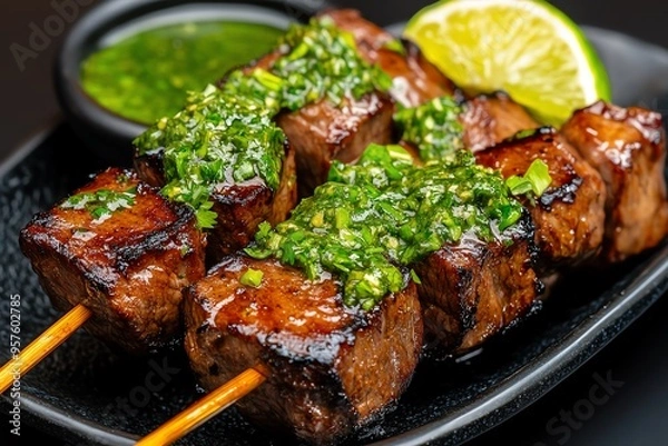 Fototapeta Tapas bite of beef skewers with a chimichurri sauce, depicted in an artwork where juicy beef skewers are served with a vibrant chimichurri sauce, garnished with fresh herbs and a wedge of lime