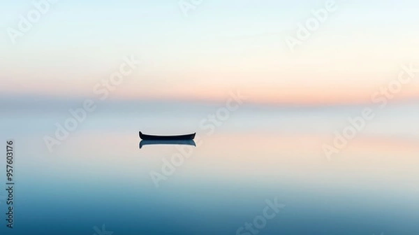 Obraz Minimalist Sunrise with Rowboat on Still Water