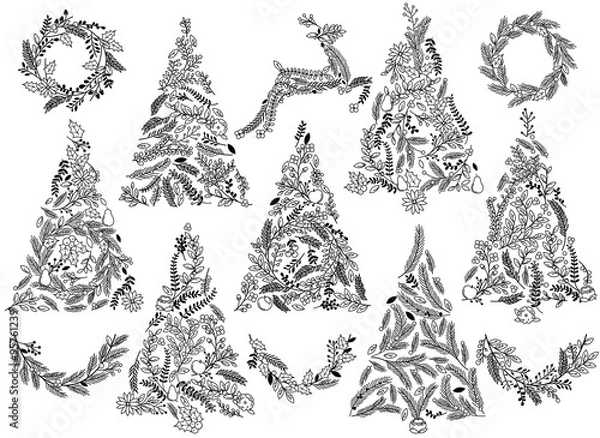 Obraz Silhouette Floral or Botanical Christmas Trees, Wreaths, Bunting and Reindeer