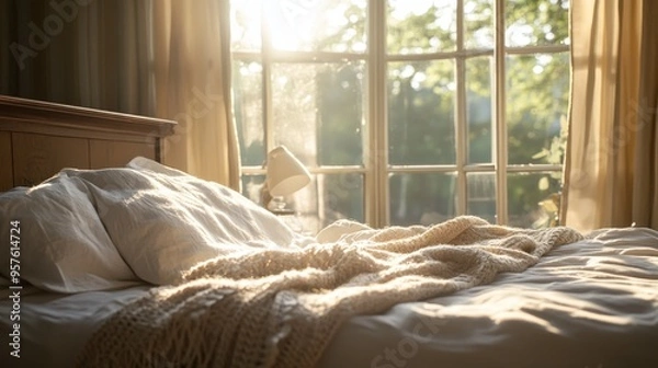 Fototapeta A bed by a large window, with soft sunlight streaming in and a cozy throw blanket draped over the edge.