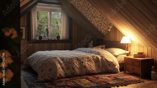 Fototapeta A bed in a small, cozy attic room, with slanted ceilings, warm lighting, and a soft, quilted bedspread.