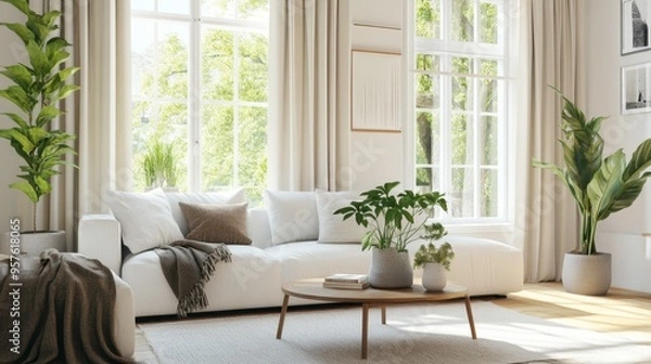 Fototapeta A bright living room with large windows, a comfortable sofa, and a coffee table, decorated with plants and soft furnishings. e3ae0654c906