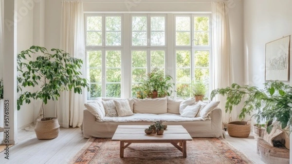 Fototapeta A bright living room with large windows, a comfortable sofa, and a coffee table, decorated with plants and soft furnishings. e3ae0654c906