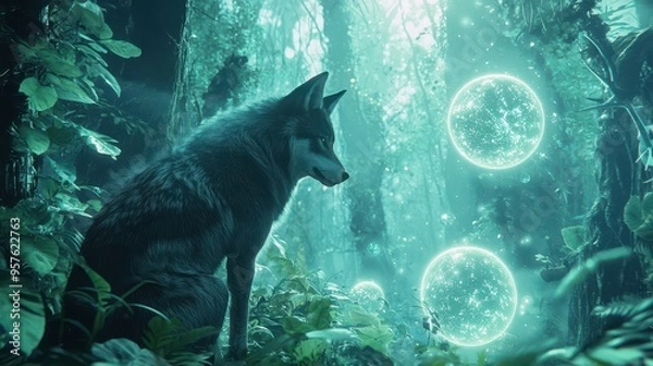 Fototapeta Mystical Wolf in Enchanted Forest with Glowing Orbs