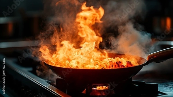 Fototapeta Flaming pan in a dark kitchen, fire raging uncontrollably, thick plumes of smoke, intense orange and red hues lighting up the space, dangerous ambiance