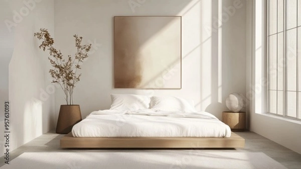 Fototapeta A minimalist bedroom with a platform bed, crisp white linens, and a single piece of abstract art on the wall.