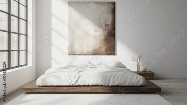 Fototapeta A minimalist bedroom with a platform bed, crisp white linens, and a single piece of abstract art on the wall.