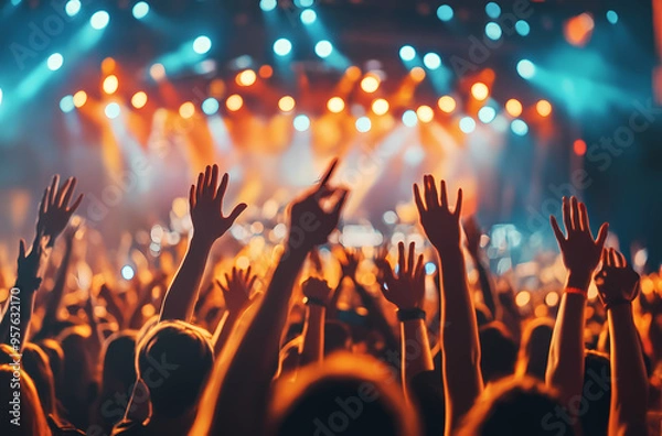 Obraz Enthusiastic crowd cheering at a lively concert under bright lights.