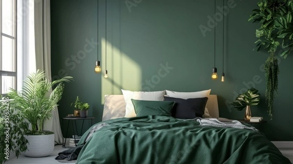 Fototapeta A modern bedroom with a green accent wall, green bedding, and minimalistic decor, creating a calming atmosphere.